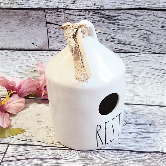 Rae Dunn Rest Birdhouse w/ Burlap Ribbon & Two Bird Decals - 5" D, 7.5" H, 5" W - Picture 2 of 4